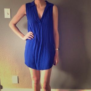 Blue open back shirt dress.
